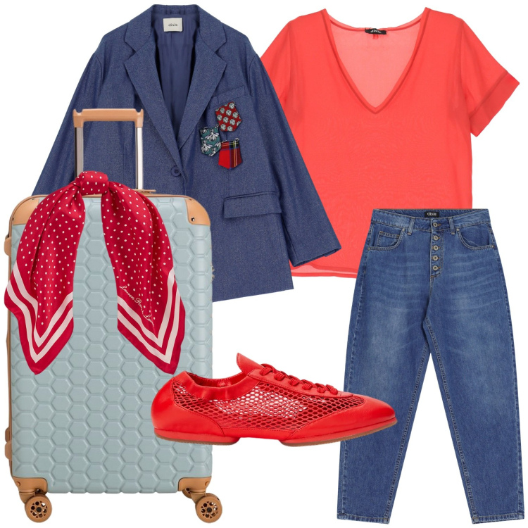 Outfit donna - Dixie - Sognando Siviglia SS25. Stile Glamour per Tutti i giorni. Abbinamento con jeans, t-shirt, blazer, foulard, ballerine, valigie.