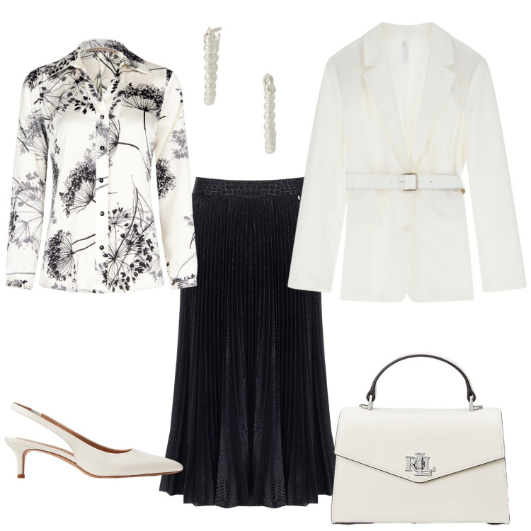 Outfit donna - Vintage primavera. Stile Romantica per Tutti i giorni. Abbinamento con camicie, gonne longuette, blazer, orecchini, borse a mano, décolleté.