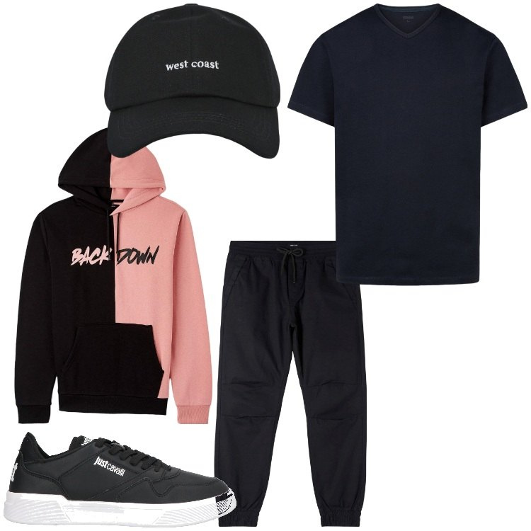 Outfit uomo - Bicolor sport. Stile Casual per Sport. Abbinamento con sneakers, t-shirt, cappelli con visiera, felpe con cappuccio, pantaloni.