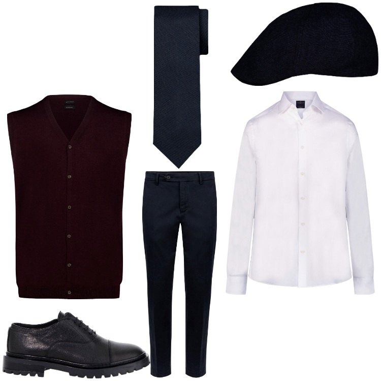 Outfit uomo - Peaky blinders. Stile Business/Elegante per Serata speciale. Abbinamento con scarpe stringate, gilet, camicie, cravatte, pantaloni chino, cappelli e berretti.