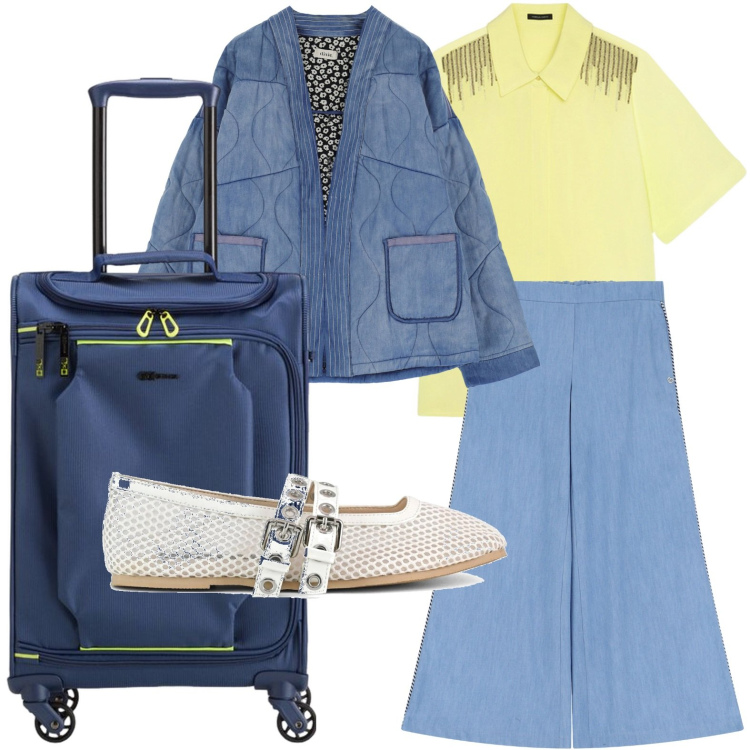 Outfit donna - Ballerine estrose. Stile Glamour per Tutti i giorni. Abbinamento con pantaloni a palazzo, blazer, camicie a manica corta, ballerine, valigie.