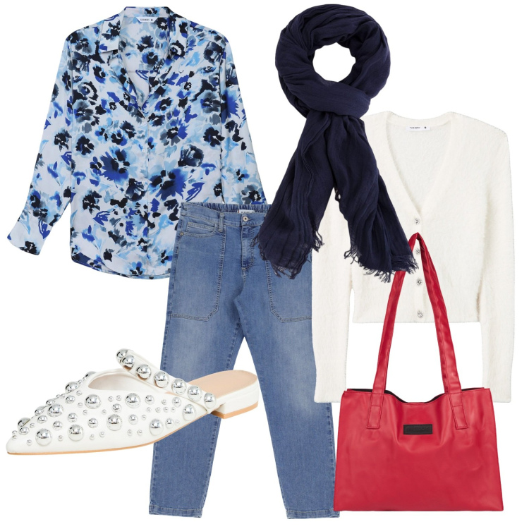 Outfit donna - Camicia floreale. Stile Minimal per Tutti i giorni. Abbinamento con camicie, ballerine, cardigans, jeans, shopping bag, portafogli.