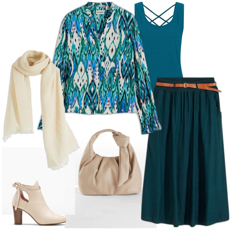 Outfit donna - Green and white. Stile Casual chic per Tutti i giorni. Abbinamento con gonne lunghe, top, borse a mano, bluse, stivaletti, sciarpe.