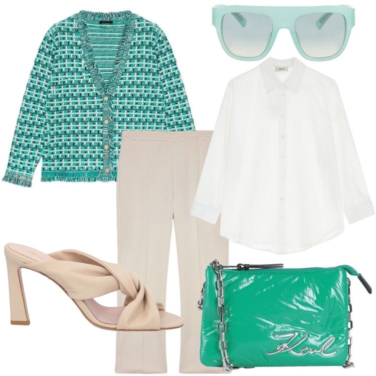 Outfit donna - Il cardigan con frange. Stile Glamour per Ufficio. Abbinamento con borse a mano, sandali in pelle, occhiali da sole, camicie, pantaloni, cardigans.