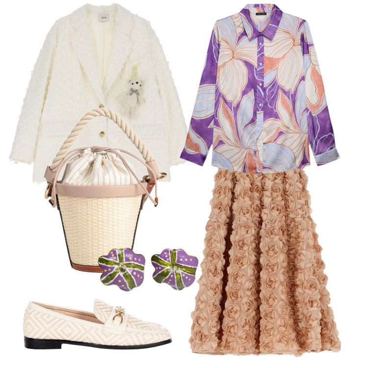 Outfit donna - Tessuti tridimensionali. Stile Romantica per Cerimonia. Abbinamento con borse a secchiello, orecchini, mocassini, gonne, blazer, camicie.