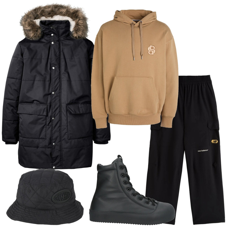 Outfit uomo - Vento e pioggia. Stile Casual per Tutti i giorni. Abbinamento con giacche, stivali e stivaletti, cappelli, felpe con cappuccio, pantaloni.