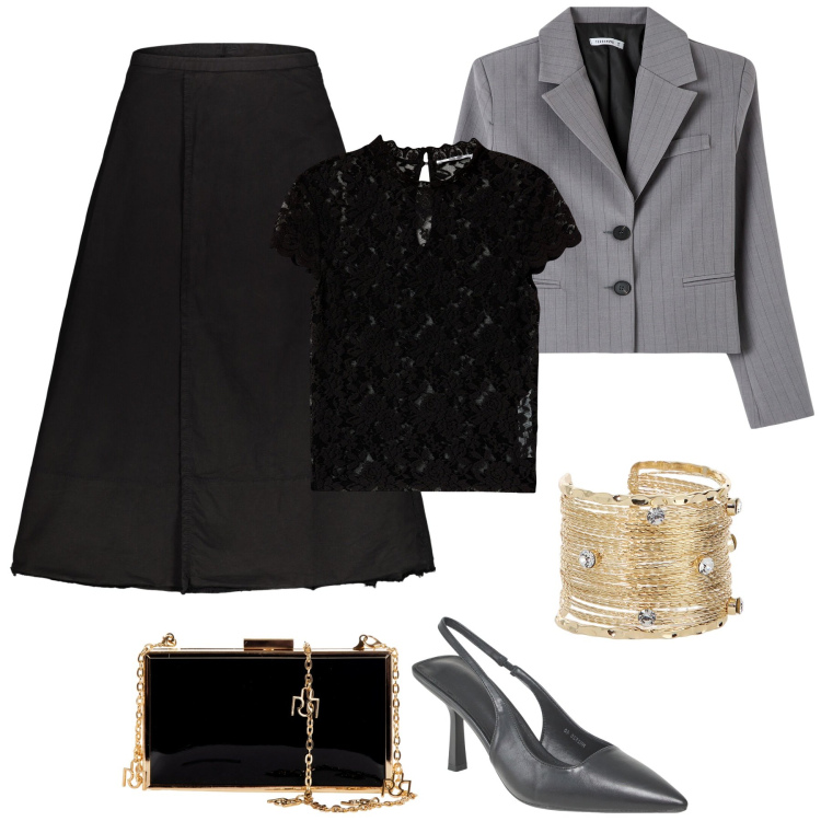 Outfit donna - T-shirt di pizzo. Stile Glamour per Serata fuori. Abbinamento con t-shirt, décolleté, blazer, pochette, braccialetti, gonne lunghe.