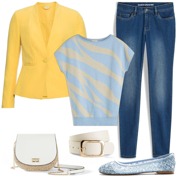 Outfit donna - Bonprix... Esplora la primavera. Stile Casual per Tutti i giorni. Abbinamento con maglieria, blazer, jeans skinny, ballerine, cinture, borse a tracolla.