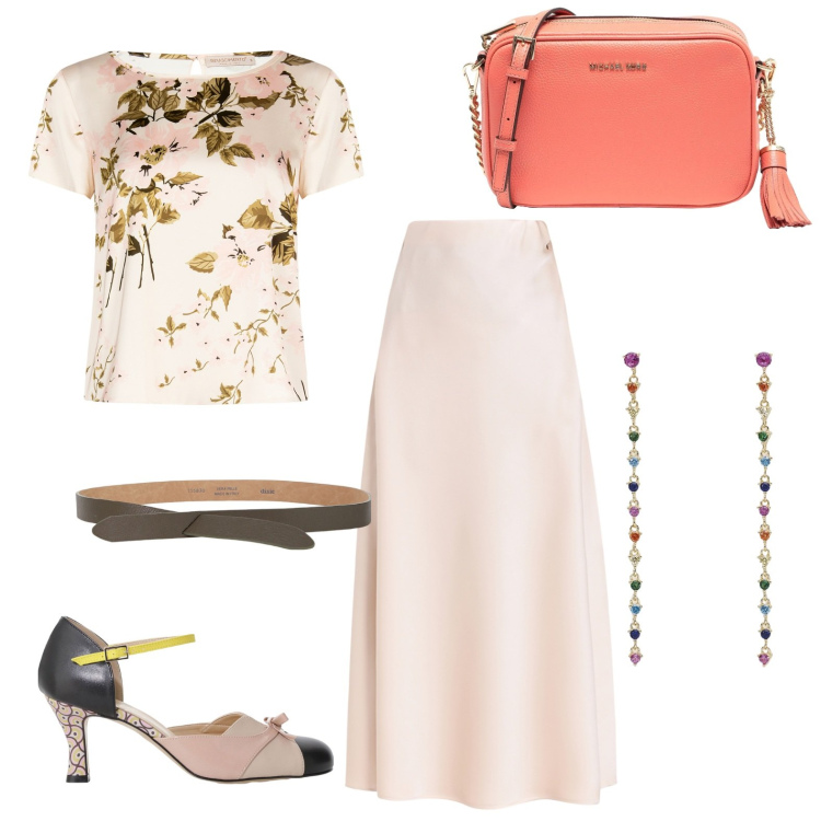 Outfit donna - Shopping. Stile Chic per Tutti i giorni. Abbinamento con borse a tracolla, décolleté, cinture, orecchini, bluse, gonne longuette.