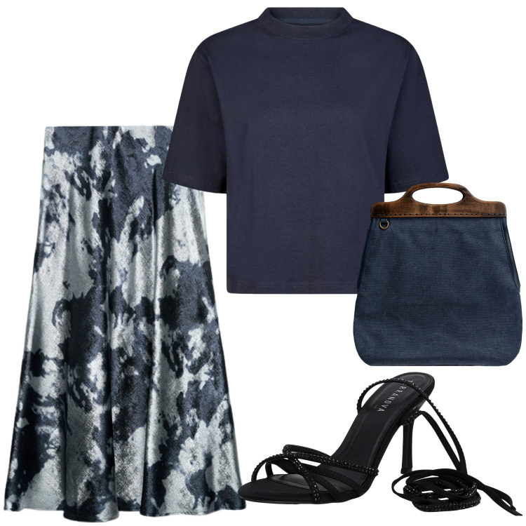 Outfit donna - Bianco e blu. Stile Casual chic per Serata fuori. Abbinamento con sandali alla schiava, borse a tracolla, gonne longuette, t-shirt.