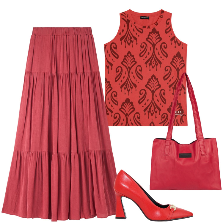Outfit donna - Red boho. Stile Boho per Tutti i giorni. Abbinamento con gonne lunghe, décolleté, shopping bag, canottiere.