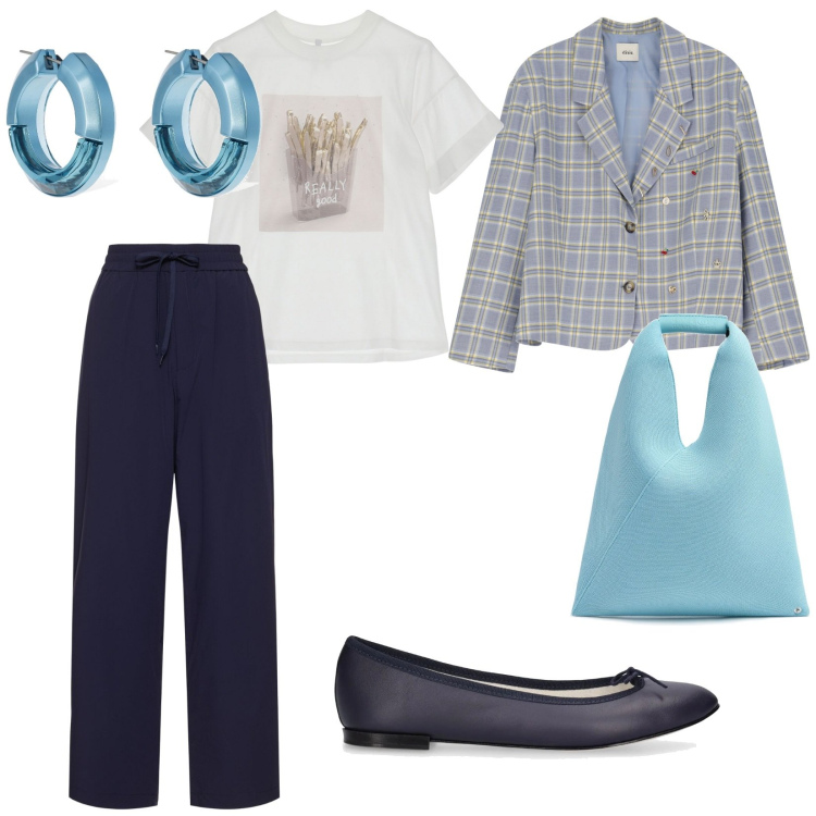 Outfit donna - Per tutti i giorni. per Tutti i giorni. Abbinamento con t-shirt, blazer, borse a mano, pantaloni, orecchini, ballerine.