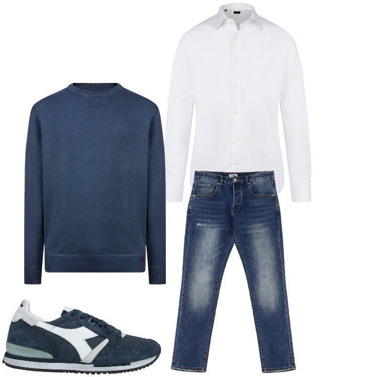 Outfit uomo - Camicia e sneakers. Stile Business/Elegante per Serata speciale. Abbinamento con sneakers, jeans dritti, camicie, maglieria.
