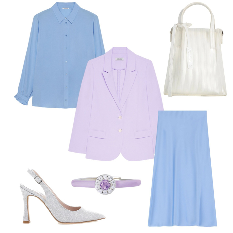 Outfit donna - Sfumature primaverili. Stile Bon Ton per Serata fuori. Abbinamento con borse a mano, anelli, gonne longuette, blazer, camicie, décolleté.