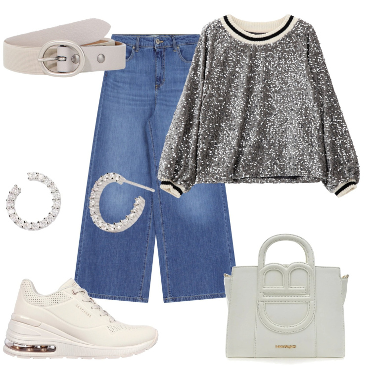 Outfit donna - Total look #2083658. Stile Casual chic per Tutti i giorni. Abbinamento con orecchini, felpe, pantaloni a palazzo, cinture, sneakers, borse a tracolla.