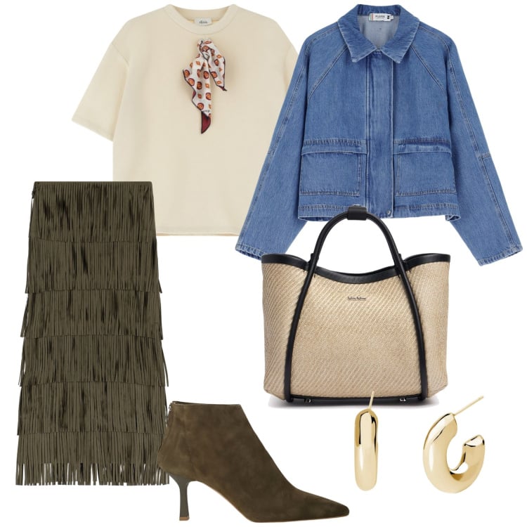 Outfit donna - Incontro tra amici. per Tutti i giorni. Abbinamento con orecchini, blazer, gonne lunghe, t-shirt, stivaletti, borse a mano.