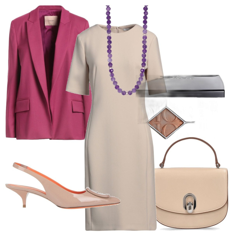 Outfit donna - Total look ufficio. Stile Chic per Tutti i giorni. Abbinamento con vestiti midi/longuette, blazer, décolleté, ombretti, collane, borse a mano.