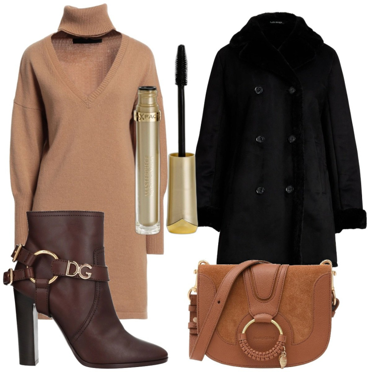 Outfit donna - Tempo Libero, shopping. Stile Preppy per Tutti i giorni. Abbinamento con stivaletti, cappotti, borse a tracolla, vestiti corti, mascara.