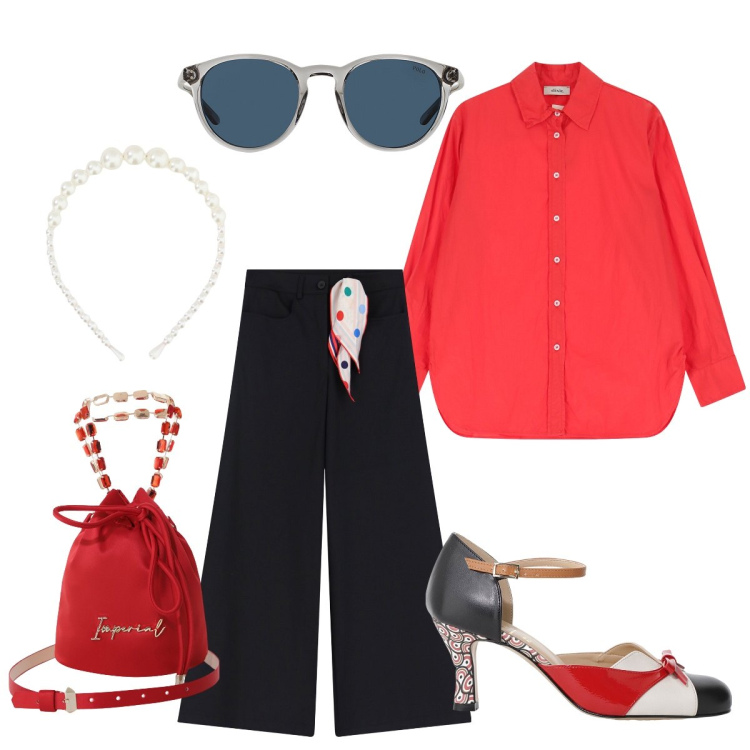 Outfit donna - In città. Stile Bon Ton per Tutti i giorni. Abbinamento con borse a secchiello, pantaloni a palazzo, décolleté, cerchietti, camicie, occhiali da sole.