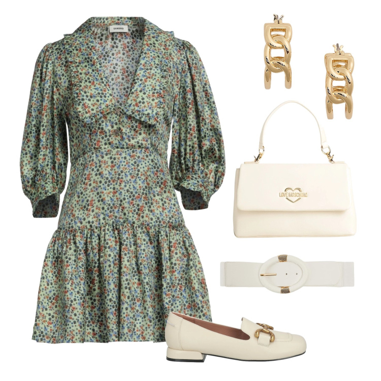 Outfit donna - Abito floreale Sandro. Stile Vintage retrò per Tutti i giorni. Abbinamento con borse a mano, mocassini, vestiti corti, cinture, orecchini.