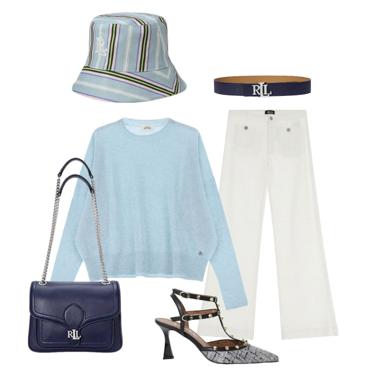 Outfit donna - Per le vie del centro. Stile Minimal per Tutti i giorni. Abbinamento con pullovers, décolleté, pantaloni a palazzo, cinture, borse a spalla, cappelli.