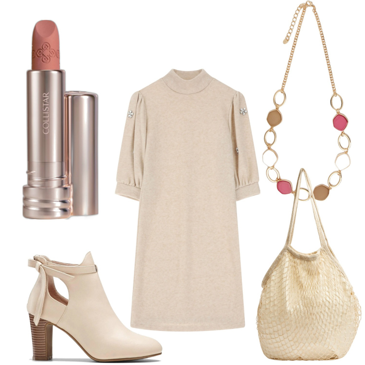 Outfit donna - Mai senza collana. Stile Casual chic per Ufficio. Abbinamento con stivaletti, rossetti, borse a tracolla, vestiti corti, collane.