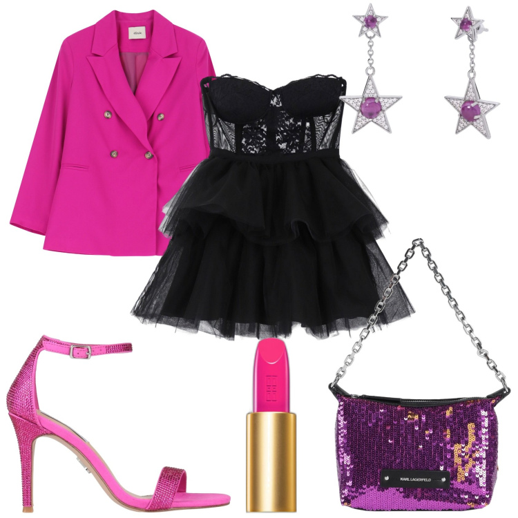 Outfit donna - La serata danzante. Stile Glamour per Serata fuori. Abbinamento con borse a mano, sandali col tacco, rossetti, orecchini, vestiti corti, blazer.