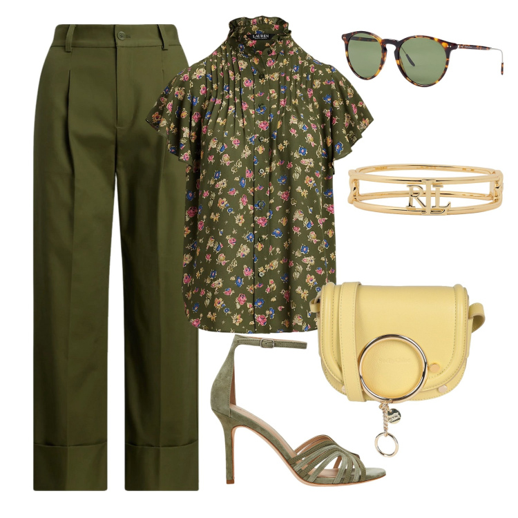 Outfit donna - Blusa a fiori. Stile Chic per Tutti i giorni. Abbinamento con borse a tracolla, occhiali da sole, camicie, pantaloni, sandali in pelle, braccialetti.