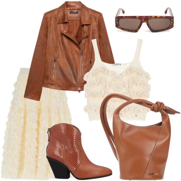 Outfit donna - Soffice suède. Stile Romantica per Serata fuori. Abbinamento con stivaletti texani, borse a secchiello, top, gonne, blazer, occhiali da sole.