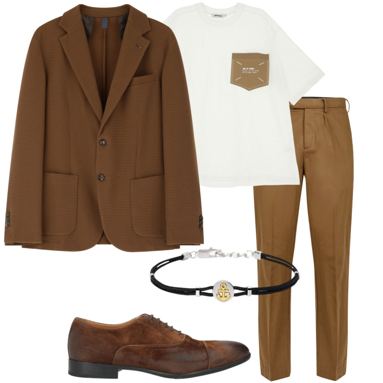 Outfit uomo - Giacca e t-shirt. Stile Trendy per Serata speciale. Abbinamento con scarpe stringate, braccialetti, t-shirt, giacche, pantaloni.