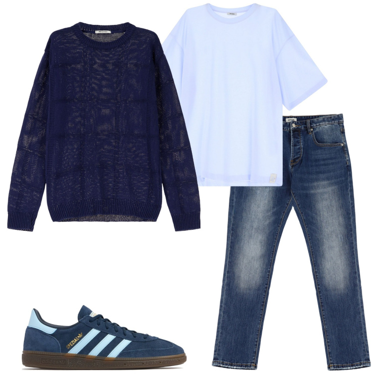 Outfit uomo - Pizza con gli amici. Stile Casual per Serata speciale. Abbinamento con pullovers, t-shirt, jeans dritti, sneakers.