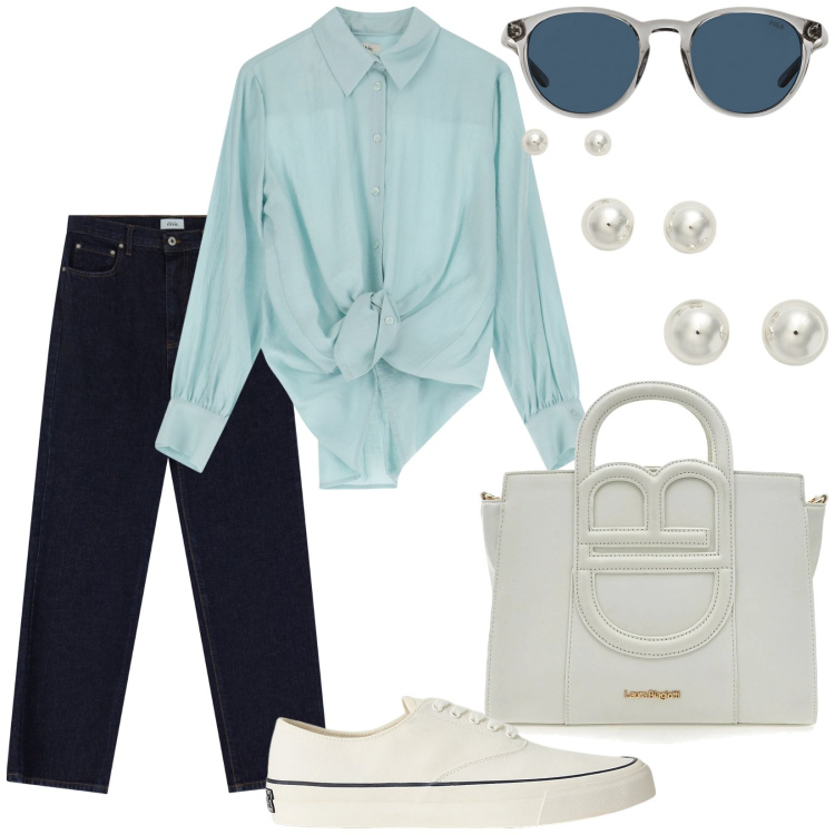 Outfit donna - Week-end a Siviglia. Stile Casual per Tutti i giorni. Abbinamento con jeans dritti, camicie, occhiali da sole, orecchini, sneakers, borse a tracolla.