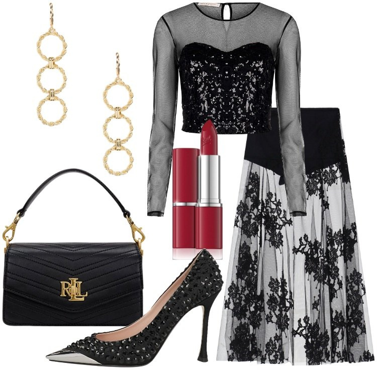 Outfit donna - Sheer Elegance - Trasparenze con stile. Stile Glamour per Serata fuori. Abbinamento con décolleté, rossetti, top, gonne lunghe, borse a tracolla, orecchini.