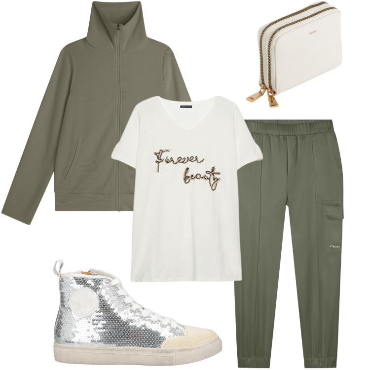 Outfit donna - L\'argento vivo addosso. Stile Glamour per Tutti i giorni. Abbinamento con sneakers alte, felpe, pantaloni cargo, t-shirt, portafogli.