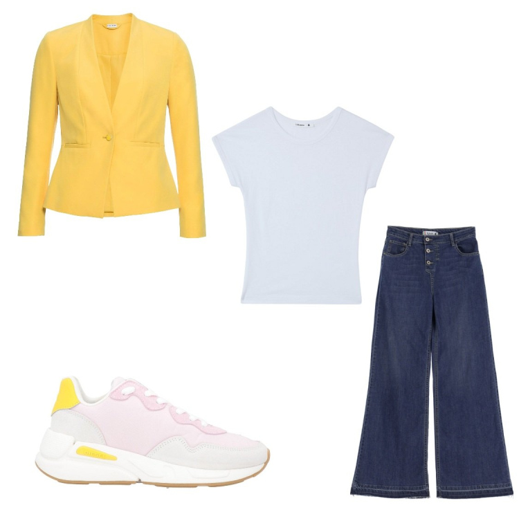Outfit donna - Giallo primavera. Stile Casual per Tutti i giorni. Abbinamento con blazer, sneakers, t-shirt, jeans.