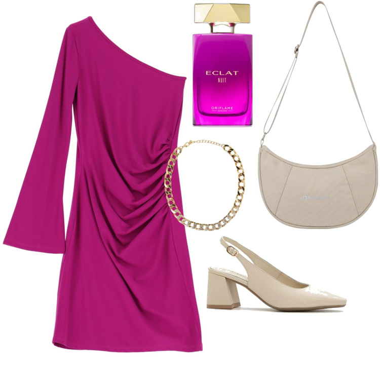 Outfit donna - Lady chic. Stile Glamour per Serata fuori. Abbinamento con décolleté, profumi, collane, borse a spalla, vestiti asimmetrici.