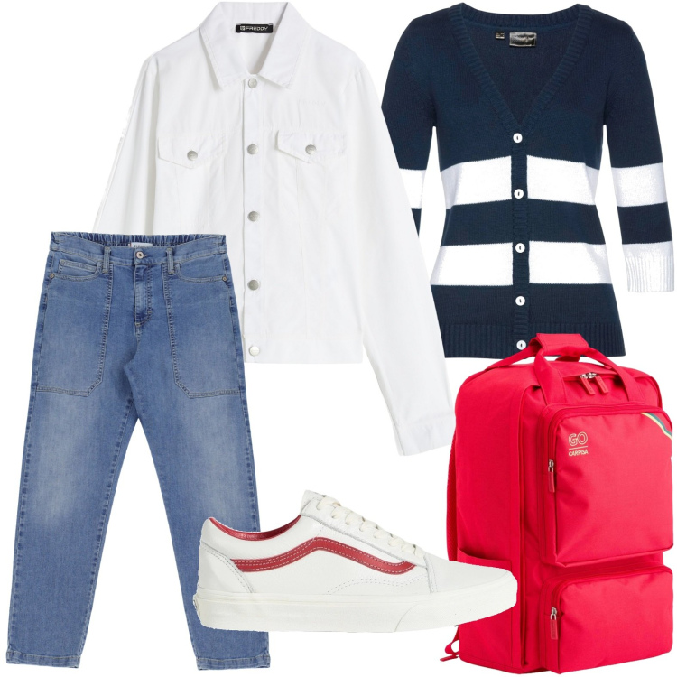 Outfit donna - Trionfo di righe. Stile Casual per Tutti i giorni. Abbinamento con cardigans, sneakers, jeans, blazer, zaini.