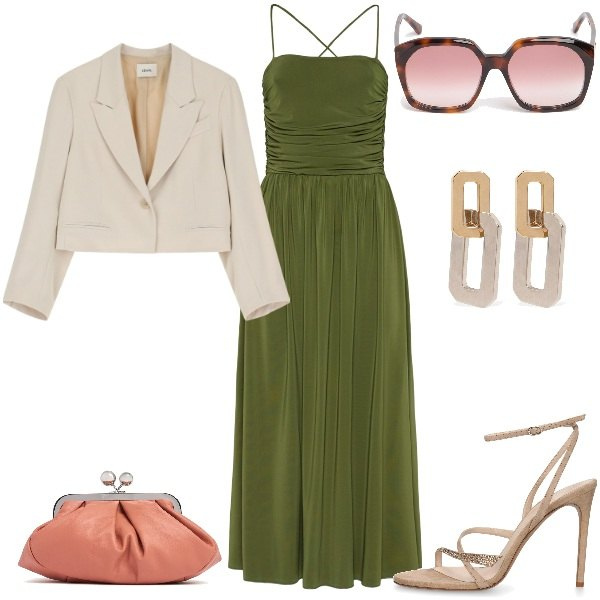 Outfit donna - Elegante autunno soft. Stile Chic per Cerimonia. Abbinamento con blazer, pochette, vestiti midi/longuette, orecchini, occhiali da sole, sandali in pelle.