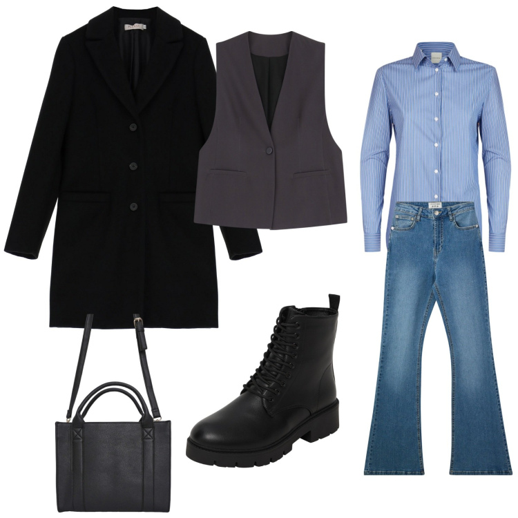 Outfit donna - City casual. Stile Casual per Tutti i giorni. Abbinamento con borse tote, anfibi, jeans a zampa, cappotti, gilet, camicie.