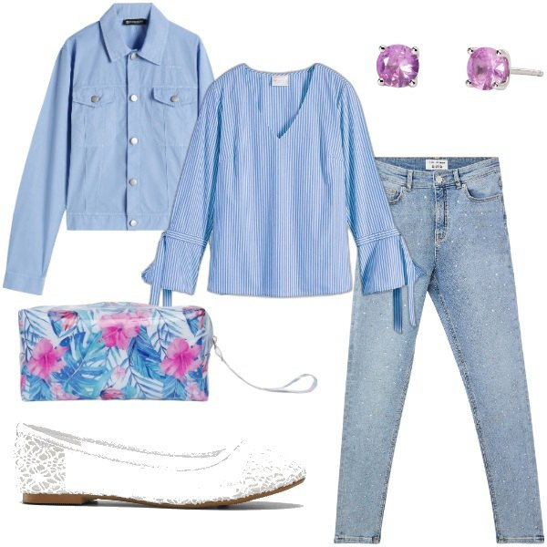 Outfit donna - Domenica mattina. Stile Trendy per Tutti i giorni. Abbinamento con ballerine, tuniche, jeans skinny, pochette, orecchini, blazer.