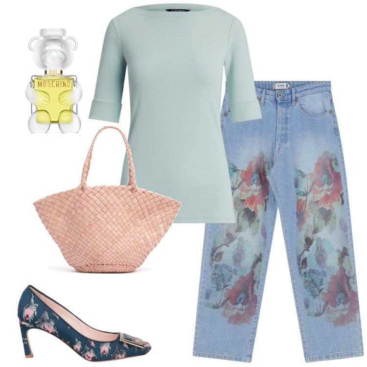 Outfit donna - Flower Spring. Stile Romantica per Tutti i giorni. Abbinamento con décolleté, profumi, jeans dritti, t-shirt, shopping bag.