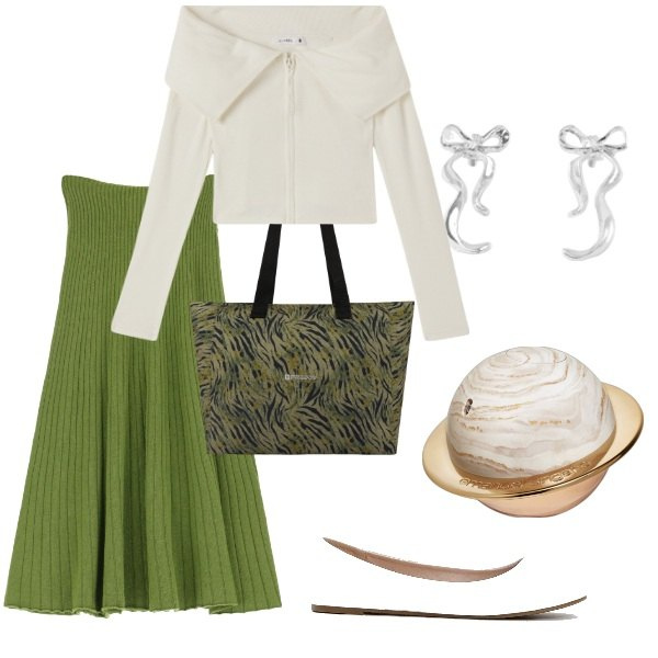 Outfit donna - Aspettando la primavera. Stile Casual chic per Tutti i giorni. Abbinamento con ballerine, profumi, orecchini, cardigans, gonne longuette, shopping bag.