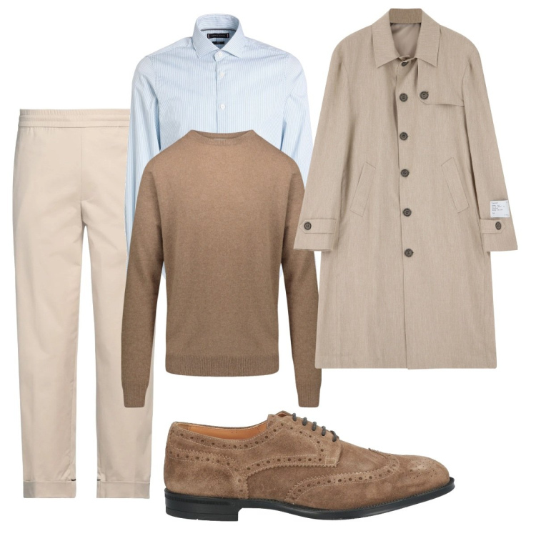Outfit uomo - Giornata di pioggia. Stile Business/Elegante per Tutti i giorni. Abbinamento con scarpe stringate, camicie, pantaloni, trench, maglieria.