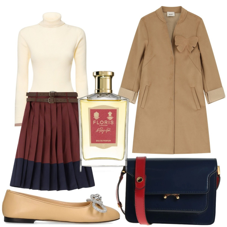 Outfit donna - Giornata dedicata. Stile Bon Ton per Tutti i giorni. Abbinamento con borse a tracolla, profumi, cappotti, gonne, pullovers, ballerine.