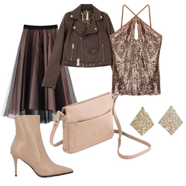 Outfit donna - Serata fuori. Stile Glamour per Serata fuori. Abbinamento con stivaletti, orecchini, gonne longuette, giacche, top, borse a tracolla.