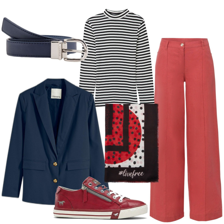 Outfit donna - Marina. Stile Basic per Sport. Abbinamento con pantaloni a palazzo, sneakers, blazer, t-shirt, foulard, cinture.