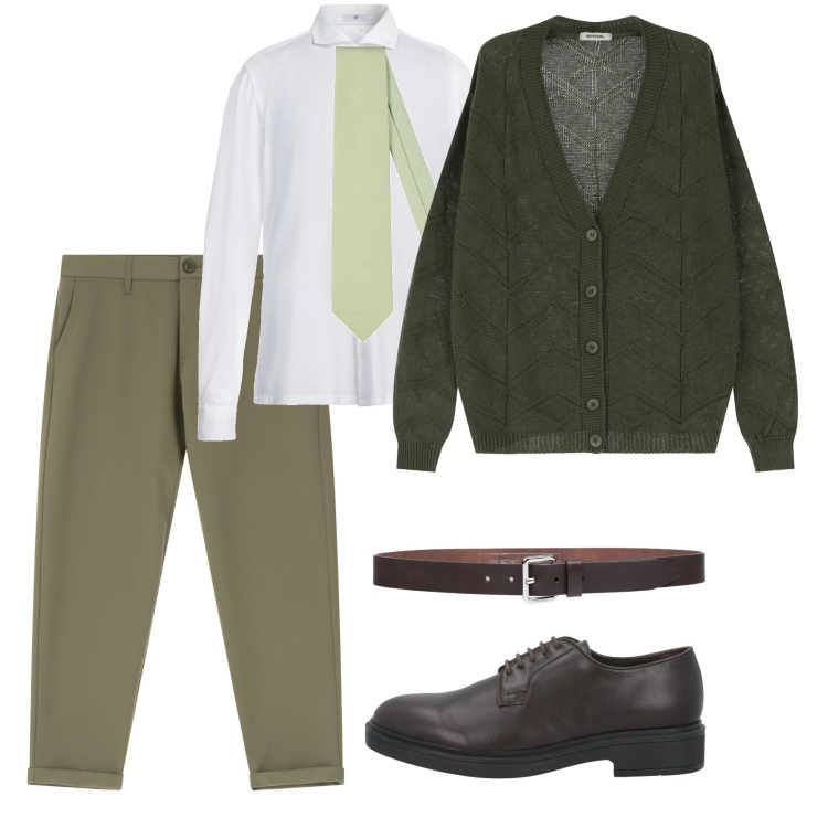 Outfit uomo - Marzo. Stile Casual per Tutti i giorni. Abbinamento con cinture, scarpe stringate, cravatte, camicie, pantaloni chino, cardigans.
