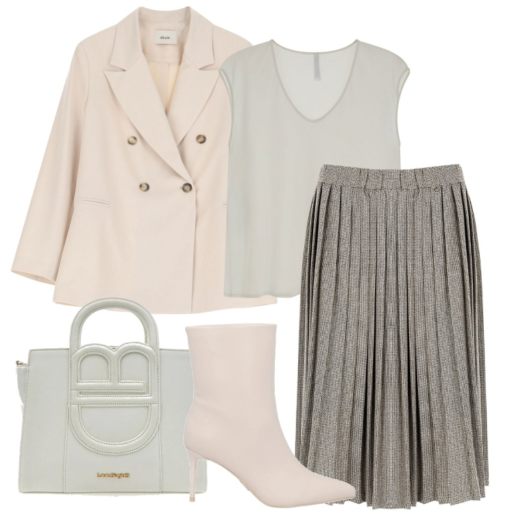 Outfit donna - Primavera in gonna. Stile Trendy per Ufficio. Abbinamento con stivaletti, top, gonne, blazer, borse a tracolla.