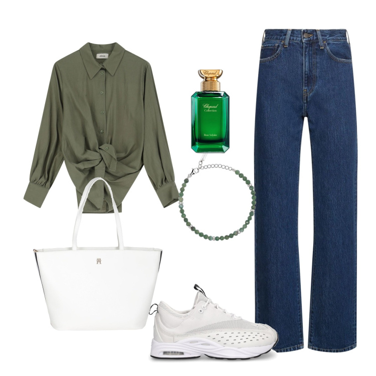 Outfit donna - Primavera. Stile Basic per Ufficio. Abbinamento con borse a mano, profumi, braccialetti, camicie, sneakers, jeans dritti.