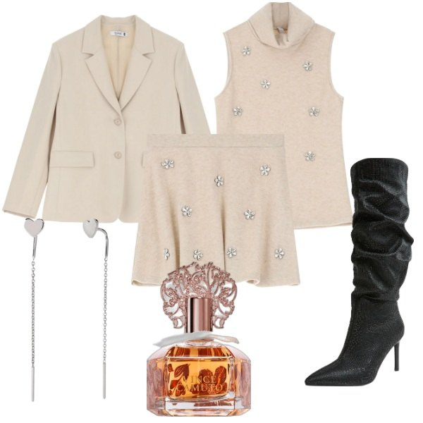 Outfit donna - Serata fuori. Stile Glamour per Serata fuori. Abbinamento con profumi, stivali, orecchini, blazer, minigonne, maglieria.